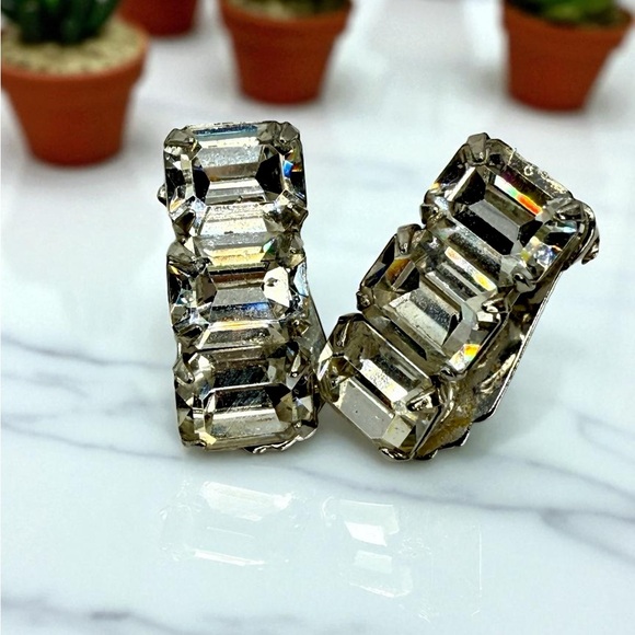 Jewelry - Vintage Emerald Cut Rhinestone Clip-On Earrings Silver Tone Art Deco Style